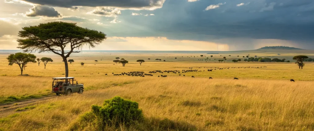 A safari vehicle navigates the savannah, surrounded by a herd of wildebeest in Tanzania. Tanzania Responsible Travel highlighted.
