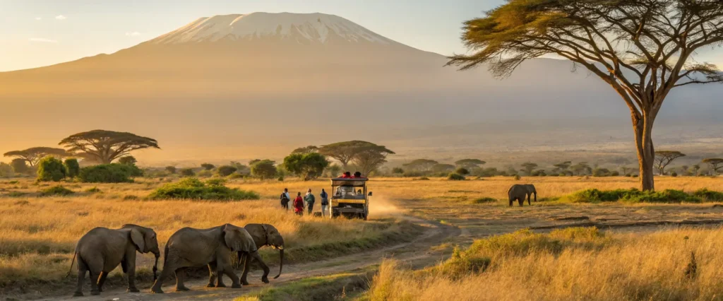 Eine Gruppe von Elefanten wandert über die Ebenen Kenias vor einer majestätischen Bergkulisse – ein Symbol für verantwortungsbewusstes Reisen in Kenia.