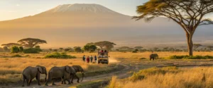 A group of elephants strolls across the plains of Kenya, with a majestic mountain backdrop, highlighting Kenya responsible travel